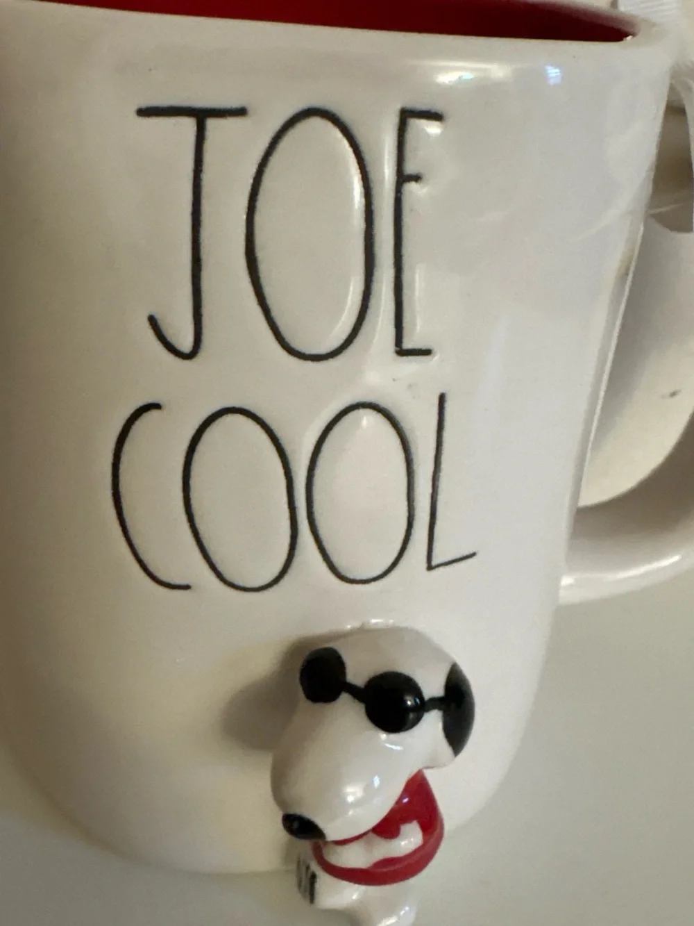 Rae Dunn White Mug with Red Interior Featuring Snoopy Accent